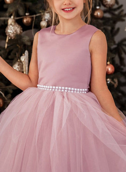 A-Line/Princess Flower Girl Dress Satin/Tulle Birtyday Dresses Scoop Neck Sleeveless Floor-Length Party Dresses With Bowknot