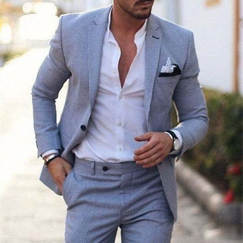 Men's Wedding Linen Suits Light Blue Summer Suits Solid Colored Tailored Fit 2 Piece Single Breasted One-button