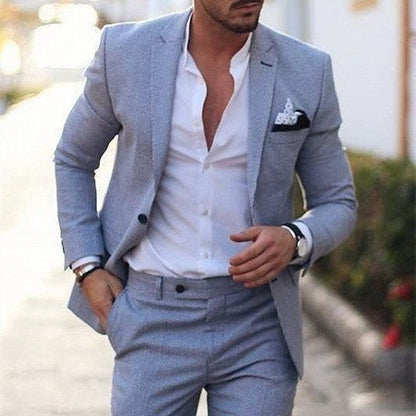 Men's Wedding Linen Suits Light Blue Summer Suits Solid Colored Tailored Fit 2 Piece Single Breasted One-button