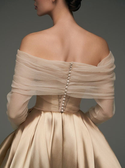 A Line Cocktail Dress Detachable With Shawl Ankle Length Elegant Dresses Formal Wedding Long Sleeve Off Shoulder Satin Dress