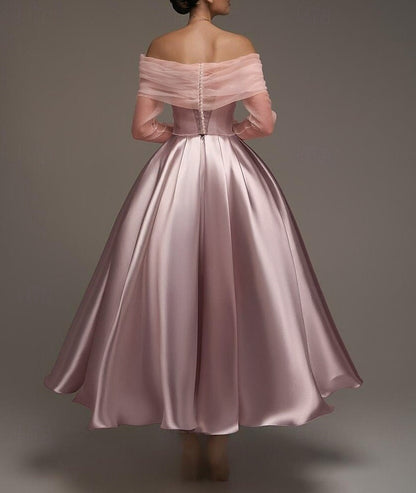 A Line Cocktail Dress Detachable With Shawl Ankle Length Elegant Dresses Formal Wedding Long Sleeve Off Shoulder Satin Dress