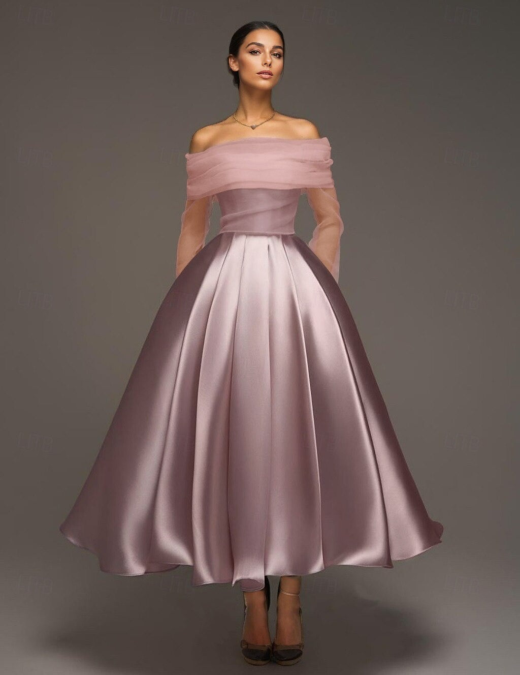 A Line Cocktail Dress Detachable With Shawl Ankle Length Elegant Dresses Formal Wedding Long Sleeve Off Shoulder Satin Dress