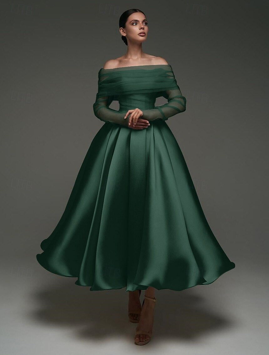 A Line Cocktail Dress Detachable With Shawl Ankle Length Elegant Dresses Formal Wedding Long Sleeve Off Shoulder Satin Dress