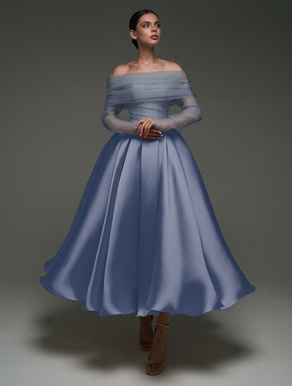 A Line Cocktail Dress Detachable With Shawl Ankle Length Elegant Dresses Formal Wedding Long Sleeve Off Shoulder Satin Dress