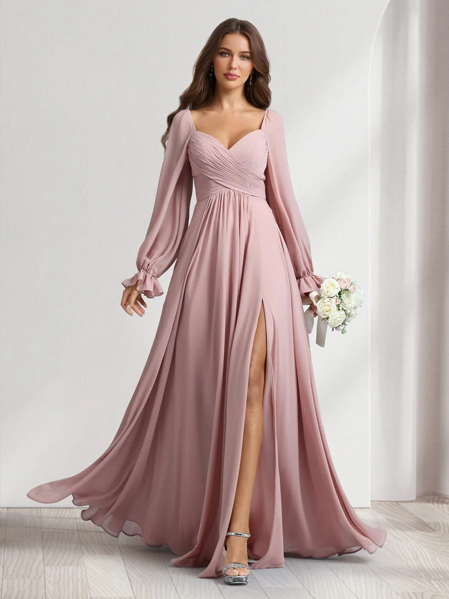 A-Line/Princess Bridemaid Dresses With Pocket Chiffon Sweetheart Long Sleeves Floor-Length With Pleats&Side Split