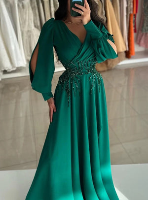 A Line Elegant Evening Dress V Neck Long Sleeves Floor Length Formal Elegant Dress with Embroidery