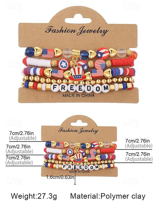 Women's Patriotic Beaded Bracelet Set Elastic Stretch Bangles United States 250th Anniversary