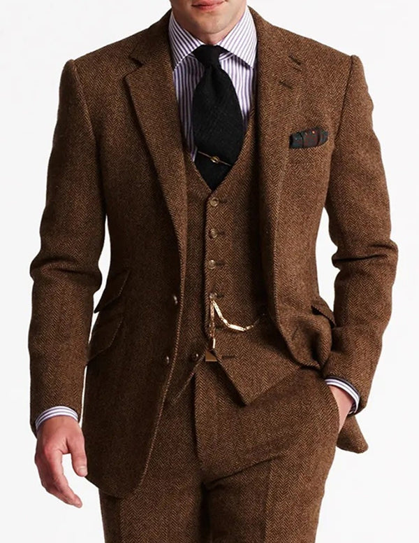 Men's Tweed Herringbone Suits 3 Piece Vintage Retro Plus Size Solid Colored Tailored Fit Single Breasted Two-buttons Fall/Winter