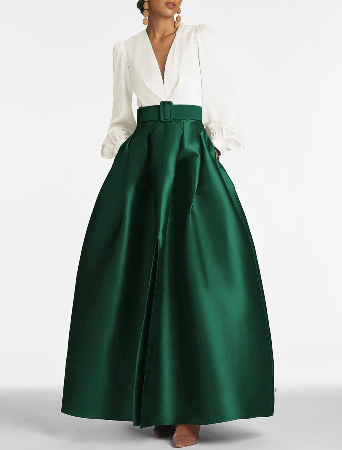 A-Line Evening Gown High Split Dress Formal Wedding Guest Floor Length Long Sleeve V Neck Belt / Sash Satin with Pleats Slit