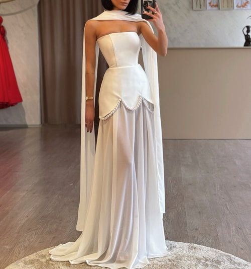 Sheath/Column Elegant Evening Dress Off Shoulder Sleeveless Floor Length Formal Wedding Dress with Pearls