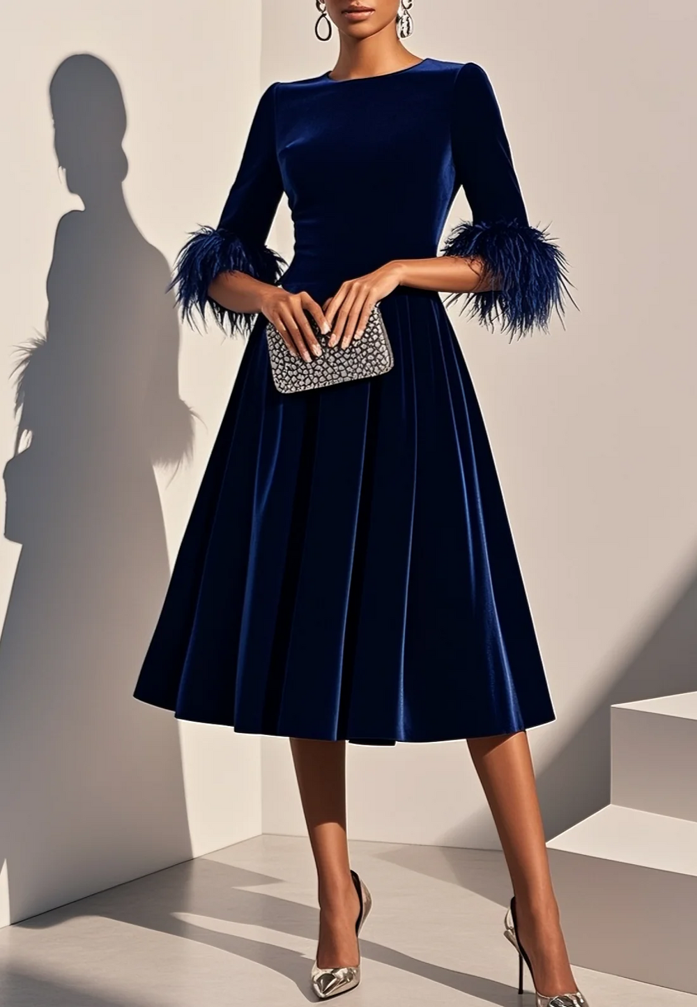 A Line Mother Of The Bride Dress Long Sleeve Party Dress Tea Length Velvet Formal Dress Vintage Feather Elegant Cocktail