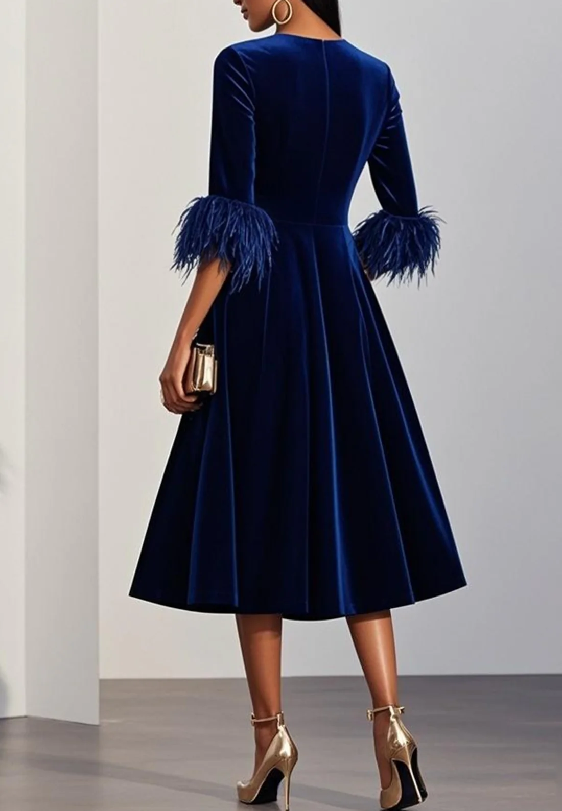 A Line Mother Of The Bride Dress Long Sleeve Party Dress Tea Length Velvet Formal Dress Vintage Feather Elegant Cocktail