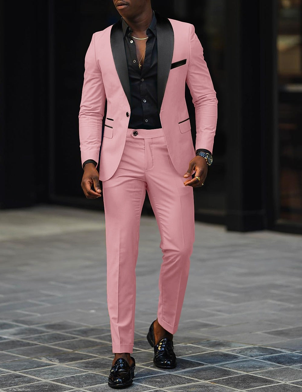 Men's Wedding Party Suits Shawl Lapel Notch Black Pink Fashion Daily Solid Colored Tailored Fit 2 Piece Single Breasted One-button