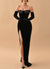 Black Evening Dress Mermaid Velvet Formal Dress With Gloves Off The Shoulder Floor-length High Split Lace Prom