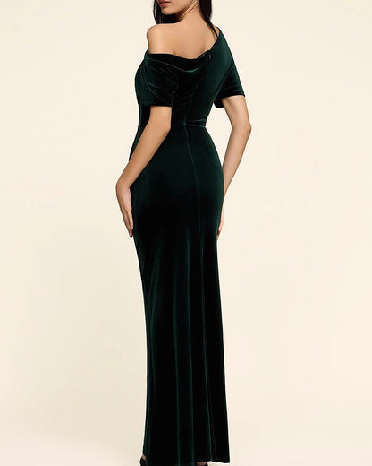 Mermaid Velvet Evening Gown Floor Length One Shoulder Long Sleeves Formal Ruched
