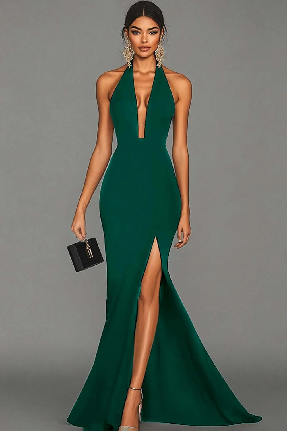 Sheath/Column Stain Evening Dress Sleeveless Floor-Length Halte&V-Neck With Side Slit