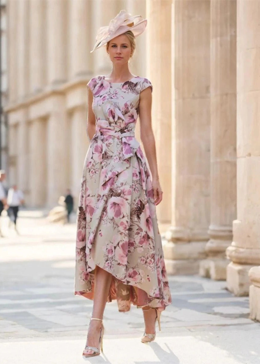 A-Line/Princess Satin Formal Dress Scoop Neck Short Sleeves Printed Flower Ankle-Length Mother of the Bride & Groom Dress
