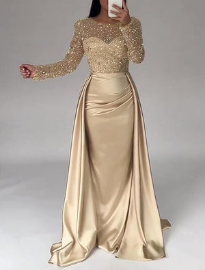Mermaid Sequin Evening Gown Prom Dress Ruched Satin Dress Long Sleeves Masquerade Floor Length Illusion Neck with Pearls Overskirt Dress