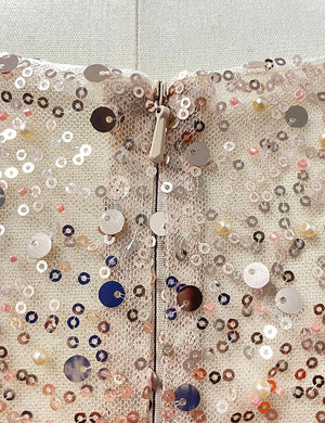 Mermaid Sequin Evening Gown Prom Dress Ruched Satin Dress Long Sleeves Masquerade Floor Length Illusion Neck with Pearls Overskirt Dress