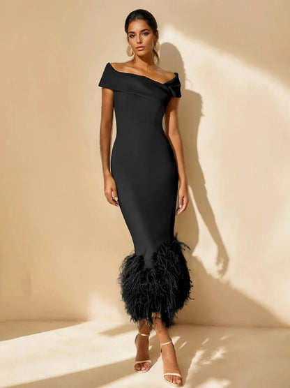 Mermaid Cocktail Party Dress Off The Shoulder Short Sleeves Ankle Length Feather Dress Formal Black Tie