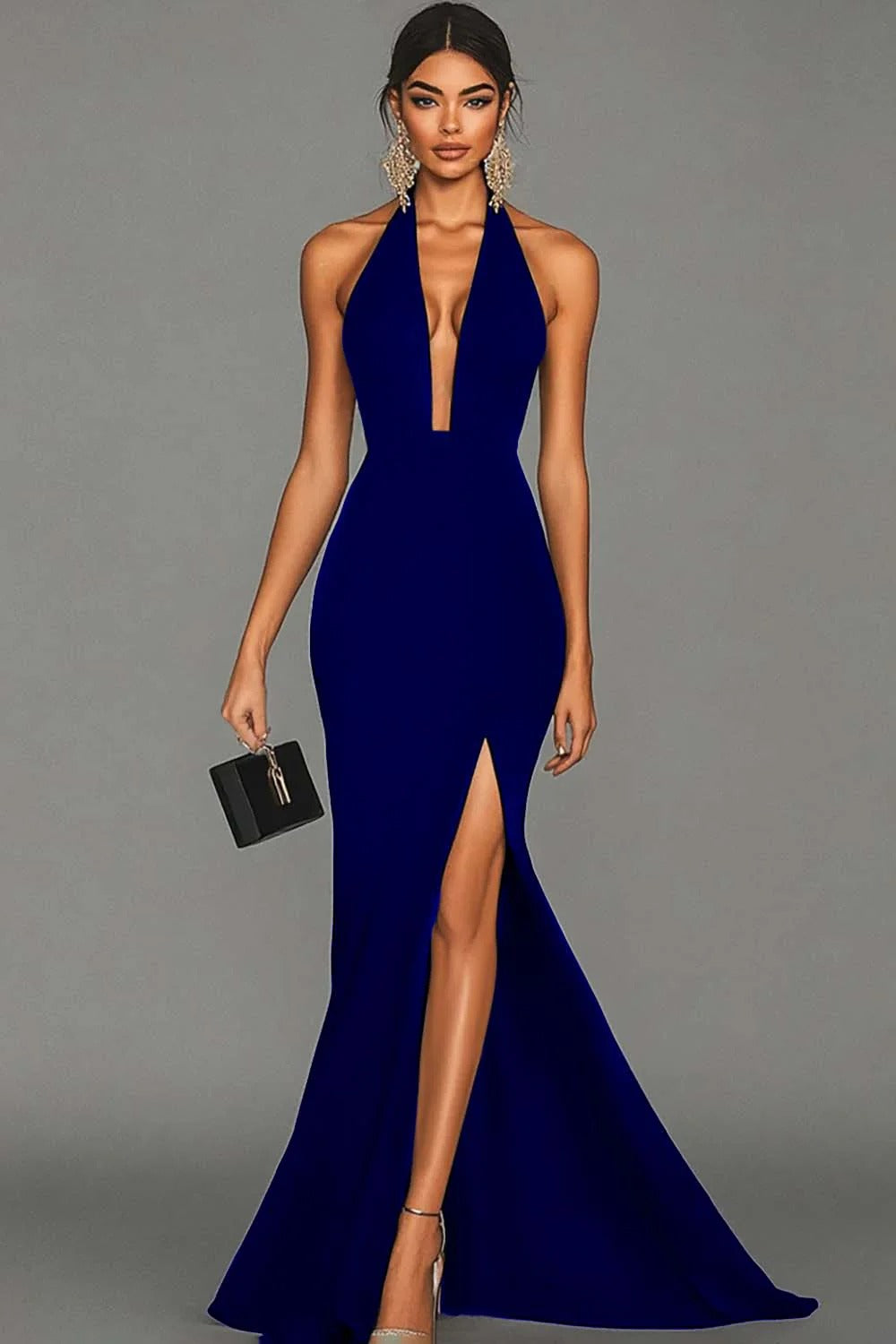 Sheath/Column Stain Evening Dress Sleeveless Floor-Length Halte&V-Neck With Side Slit