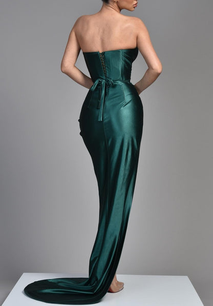 Sheath/Column Evening Dresses Off Shoulder Sleeveless Floor Length Satin Ruched Wedding Guest Dress With Side Split