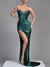 Sheath/Column Evening Dresses Off Shoulder Sleeveless Floor Length Satin Ruched Wedding Guest Dress With Side Split