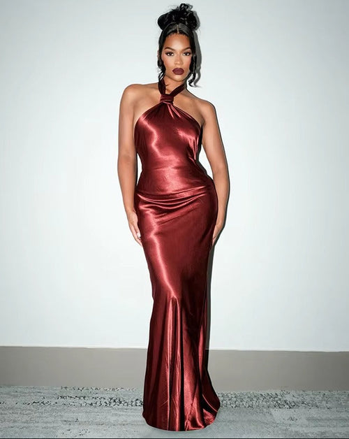 Sheath/Column Evening Dresses Halter Neck Sleeveless Floor Length Satin Wedding Guest Dress With Side