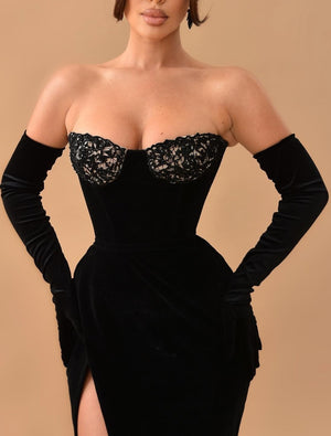Black Evening Dress Mermaid Velvet Formal Dress With Gloves Off The Shoulder Floor-length High Split Lace Prom