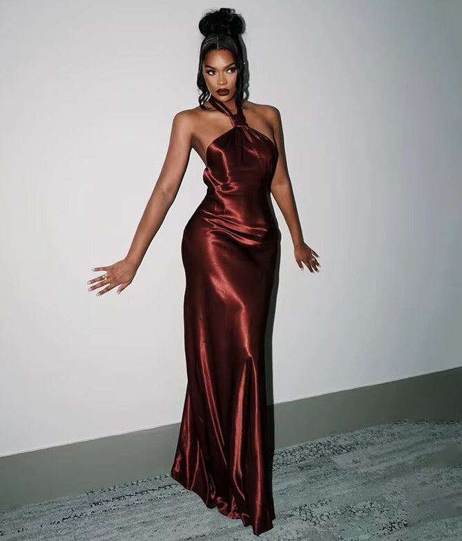 Sheath/Column Evening Dresses Halter Neck Sleeveless Floor Length Satin Wedding Guest Dress With Side