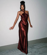 Sheath/Column Evening Dresses Halter Neck Sleeveless Floor Length Satin Wedding Guest Dress With Side