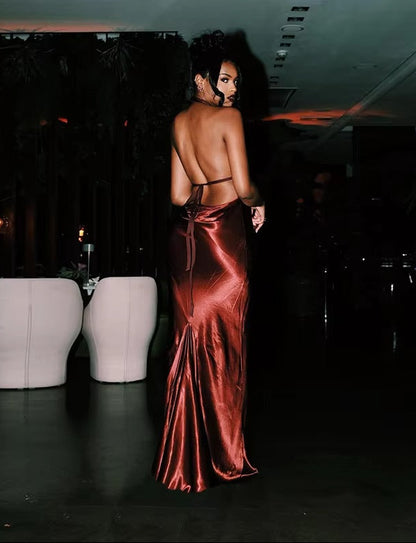 Sheath/Column Evening Dresses Halter Neck Sleeveless Floor Length Satin Wedding Guest Dress With Side