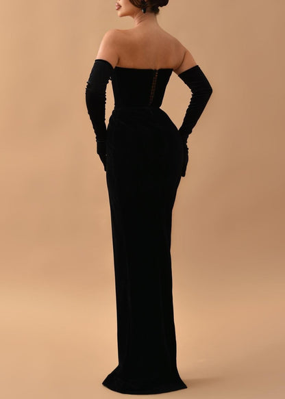 Black Evening Dress Mermaid Velvet Formal Dress With Gloves Off The Shoulder Floor-length High Split Lace Prom