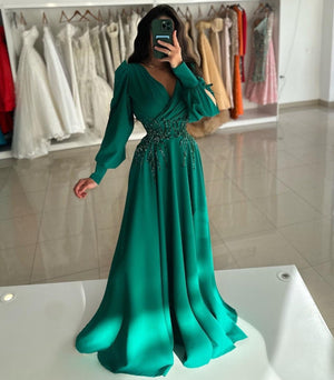 A Line Elegant Evening Dress V Neck Long Sleeves Floor Length Formal Elegant Dress with Embroidery