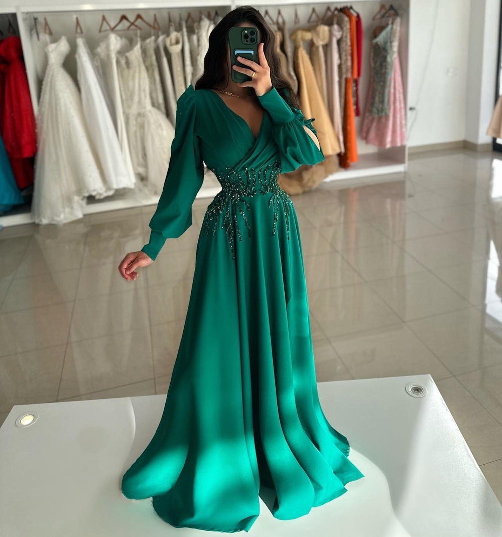 A Line Elegant Evening Dress V Neck Long Sleeves Floor Length Formal Elegant Dress with Embroidery