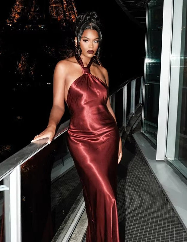 Sheath/Column Evening Dresses Halter Neck Sleeveless Floor Length Satin Wedding Guest Dress With Side