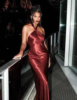 Sheath/Column Evening Dresses Halter Neck Sleeveless Floor Length Satin Wedding Guest Dress With Side