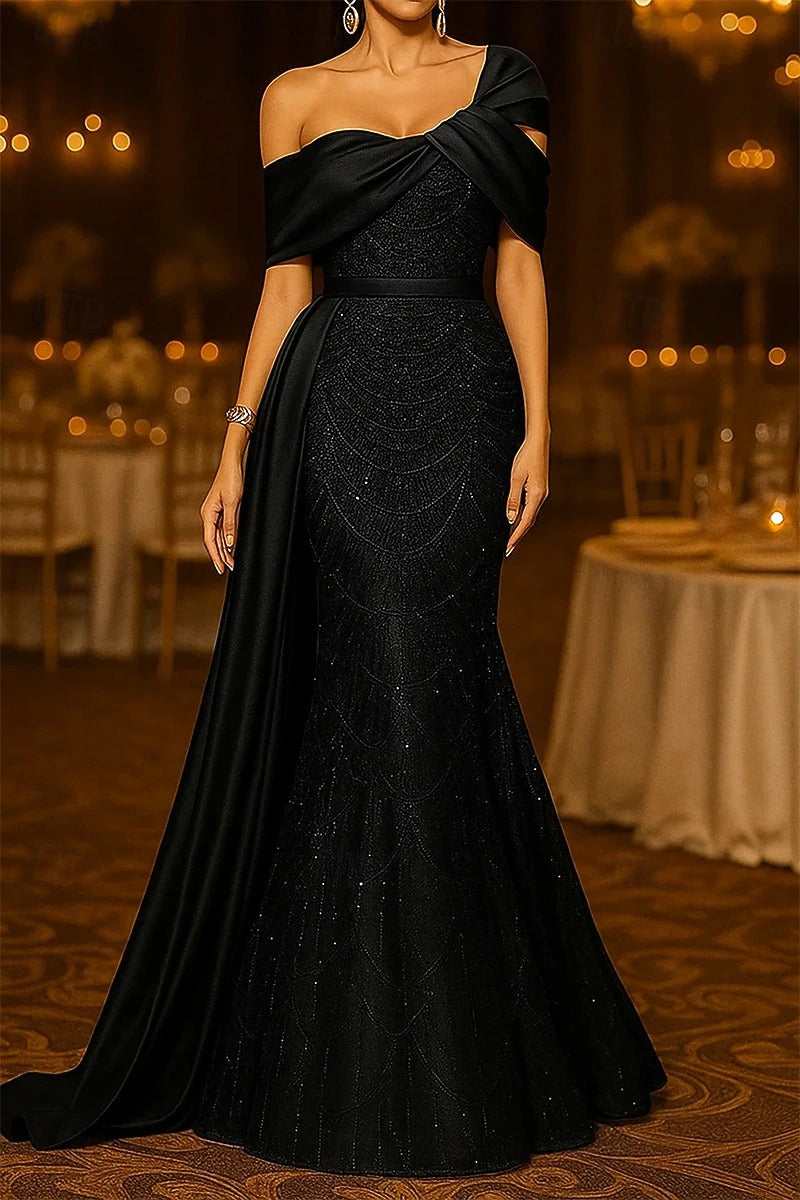 Sequin Mermaid / Trumpet Evening Gown Elegant Formal Dress Formal Wedding Floor Length Sleeveless Off Shoulder Sequined with Glitter