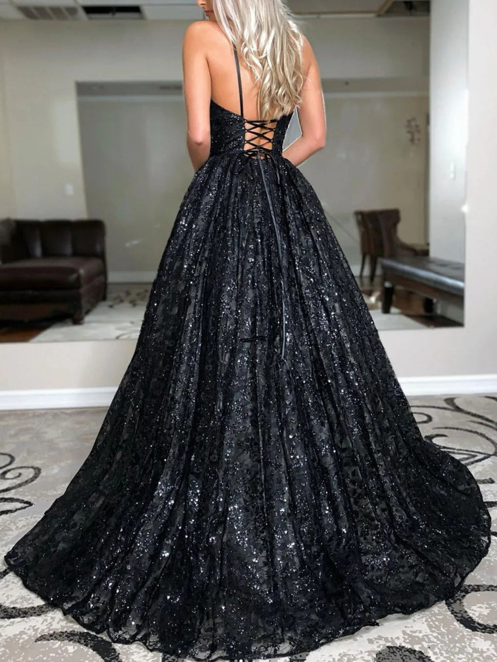 A-Line/Princess Black Prom Dress Sequin V-neck Sweep/Brush Train Long Evening Dresses