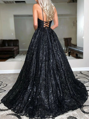 A-Line/Princess Black Prom Dress Sequin V-neck Sweep/Brush Train Long Evening Dresses