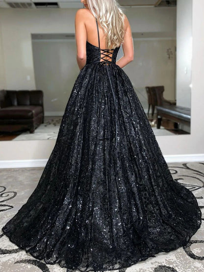 A-Line/Princess Black Prom Dress Sequin V-neck Sweep/Brush Train Long Evening Dresses