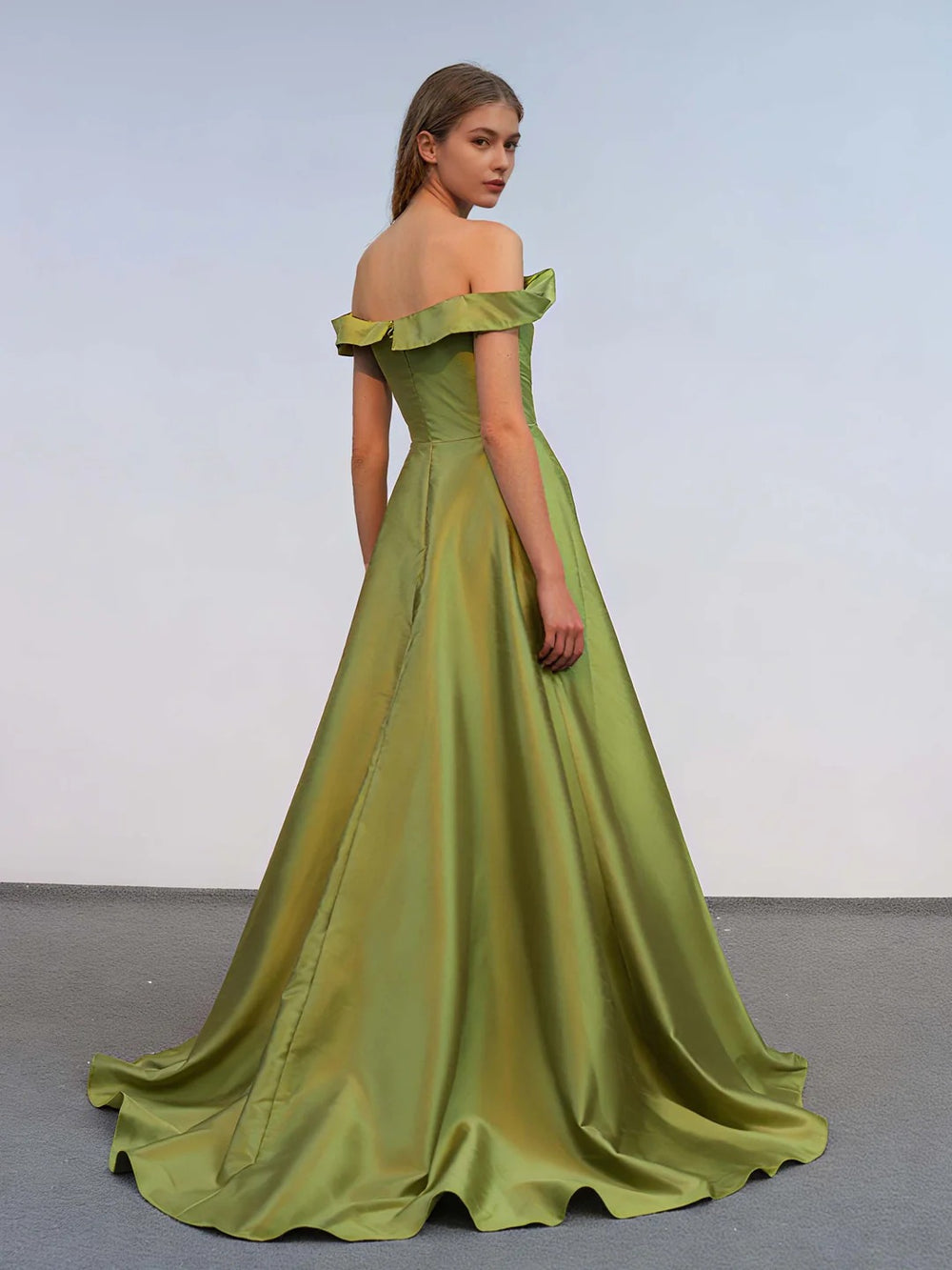 A-Line/Princess Liquid Satin Off-the-Shoulder&V-Neck Sleeveless Floor Length Evening Dress With Pleats