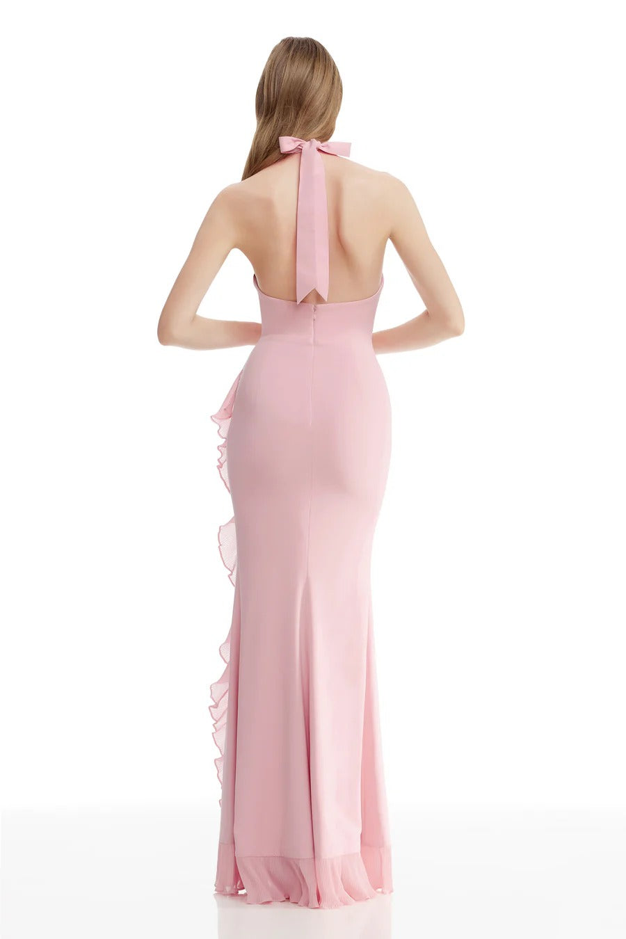 A-Line/Princess Chiffon Bridesmaid Dresses Floor-Length Halter&V-Neck Sleeveless Back Zipper Wedding Guest Dresses With Side Slit&Ruffle