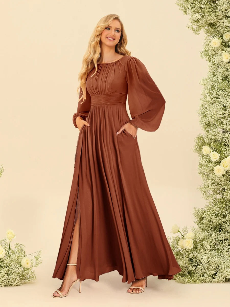 A-Line/Princess Scoop Long Sleeves Bridesmaid Dresses with Ruched