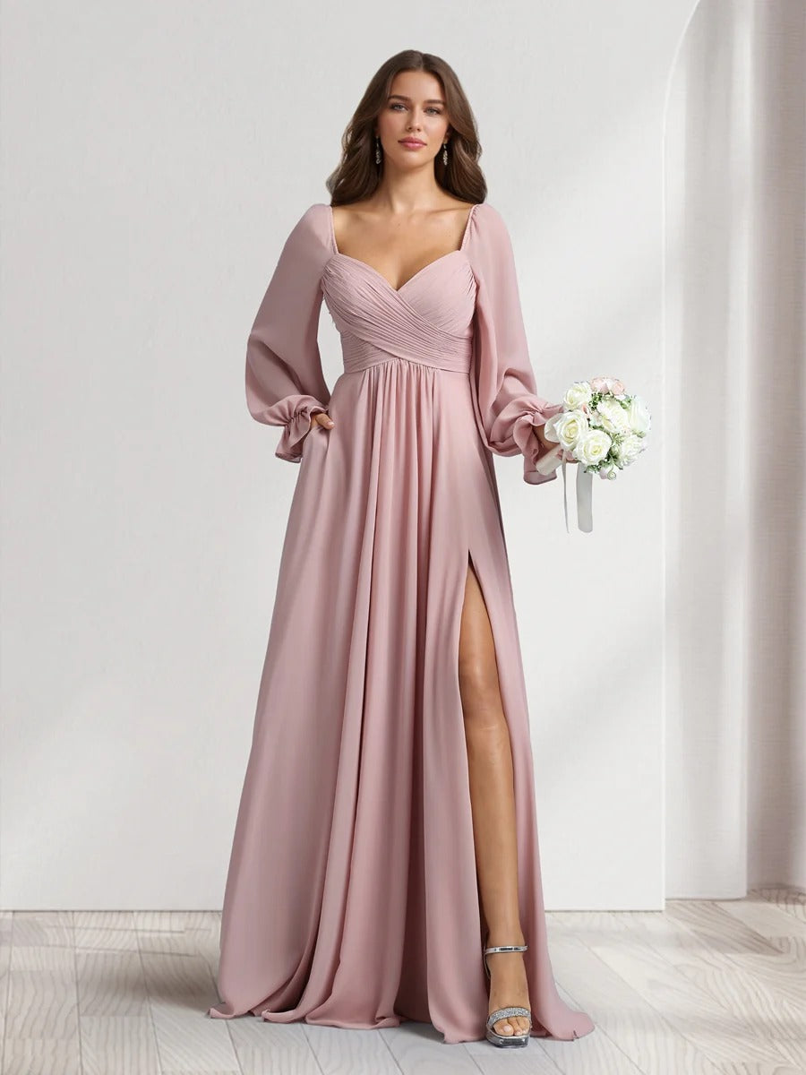 A-Line/Princess Bridemaid Dresses With Pocket Chiffon Sweetheart Long Sleeves Floor-Length With Pleats&Side Split