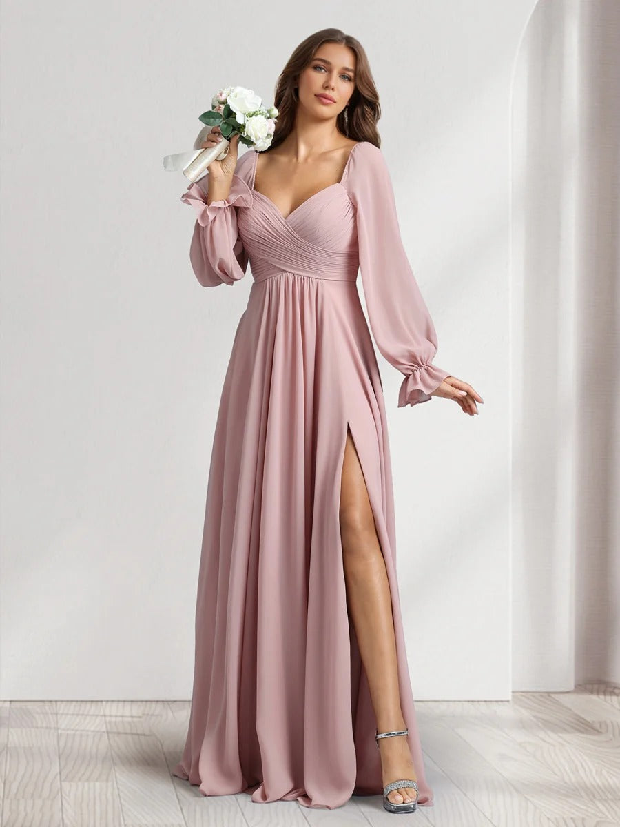 A-Line/Princess Bridemaid Dresses With Pocket Chiffon Sweetheart Long Sleeves Floor-Length With Pleats&Side Split