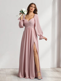 A-Line/Princess Bridemaid Dresses With Pocket Chiffon Sweetheart Long Sleeves Floor-Length With Pleats&Side Split
