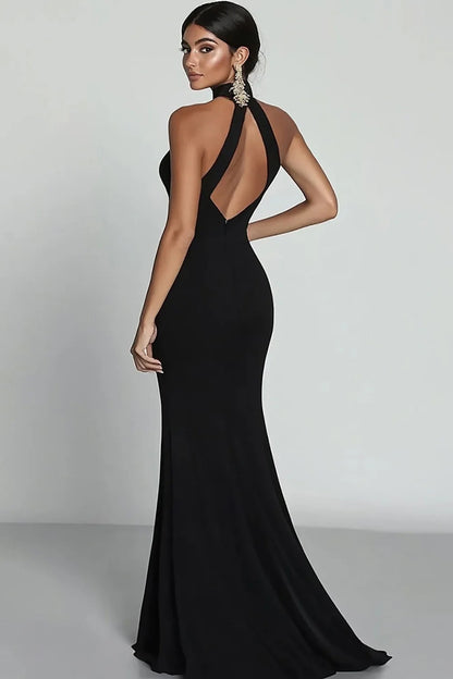 Sheath/Column Stain Evening Dress Sleeveless Floor-Length Halte With Side Slit