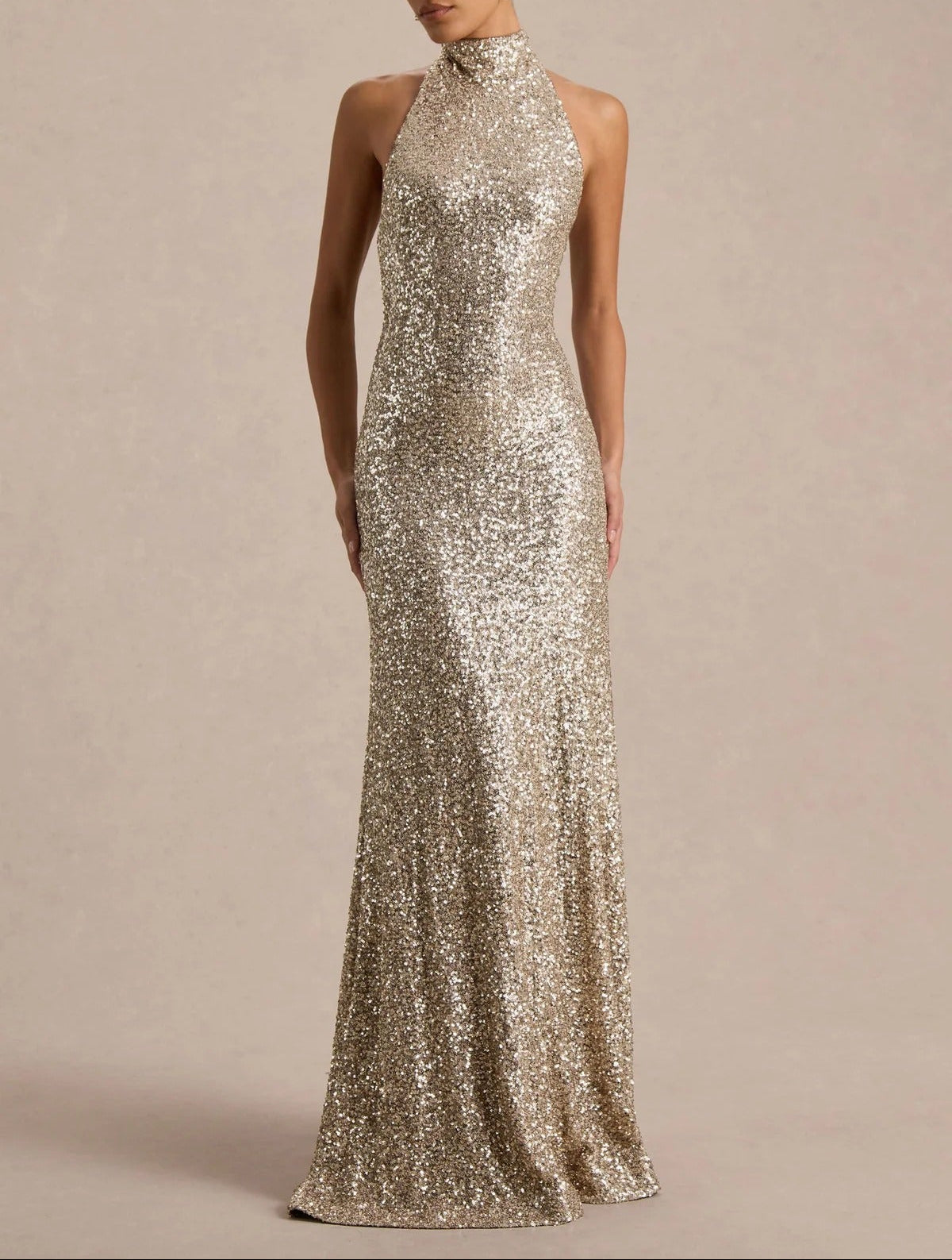Mermaid Sequins Eveing Dress Formal Halter Neck Sleeveless Floor Length Sparkle Christmas Party