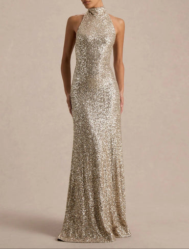 Mermaid Sequins Eveing Dress Formal Halter Neck Sleeveless Floor Length Sparkle Christmas Party